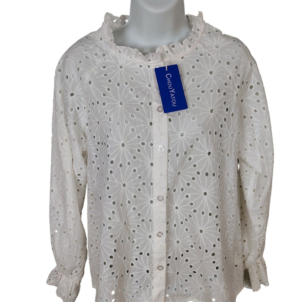 Chouyatou White Eyelet Lace Ruffle Neck Cotton Blouse Xs nwt coquette romantic